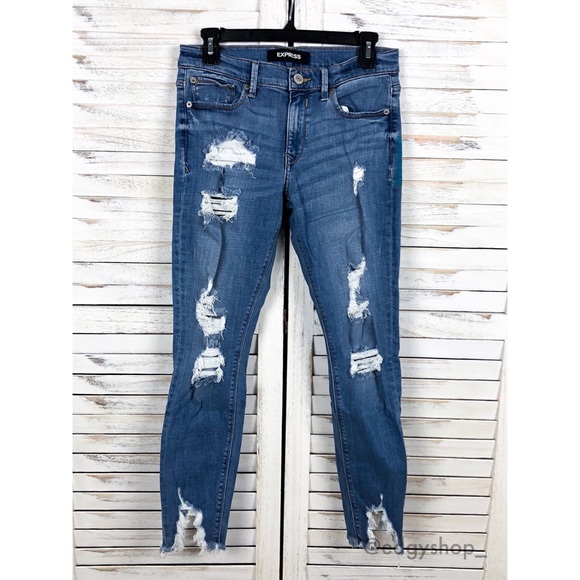 mid rise medium wash ripped ankle leggings